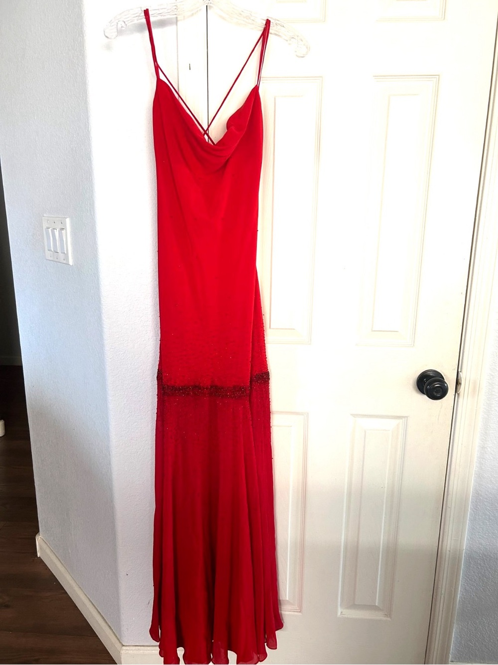 Lillie Rubin long gown dress 100% silk sequined drop-off waist lined Red